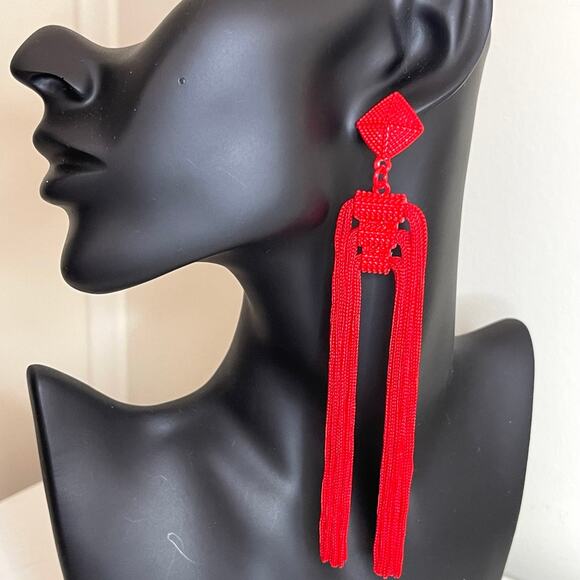 New Earrings Red Tassel Dangle 5" Statement High End Vtg Fashion Jewelry M25 - Picture 1 of 4